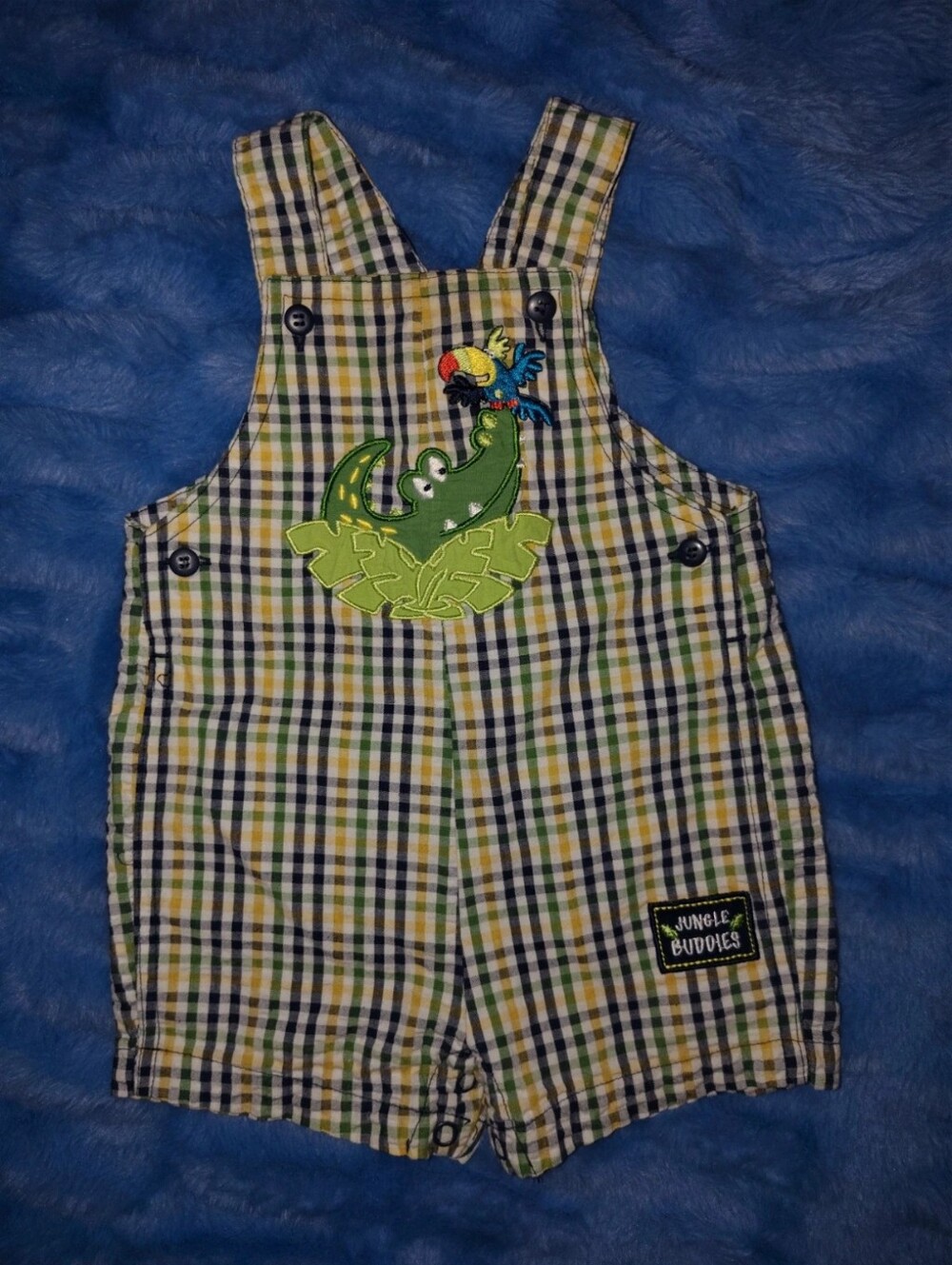 Okie Dokie Vintage Green Plaid Croc Appliqué Kids Overalls